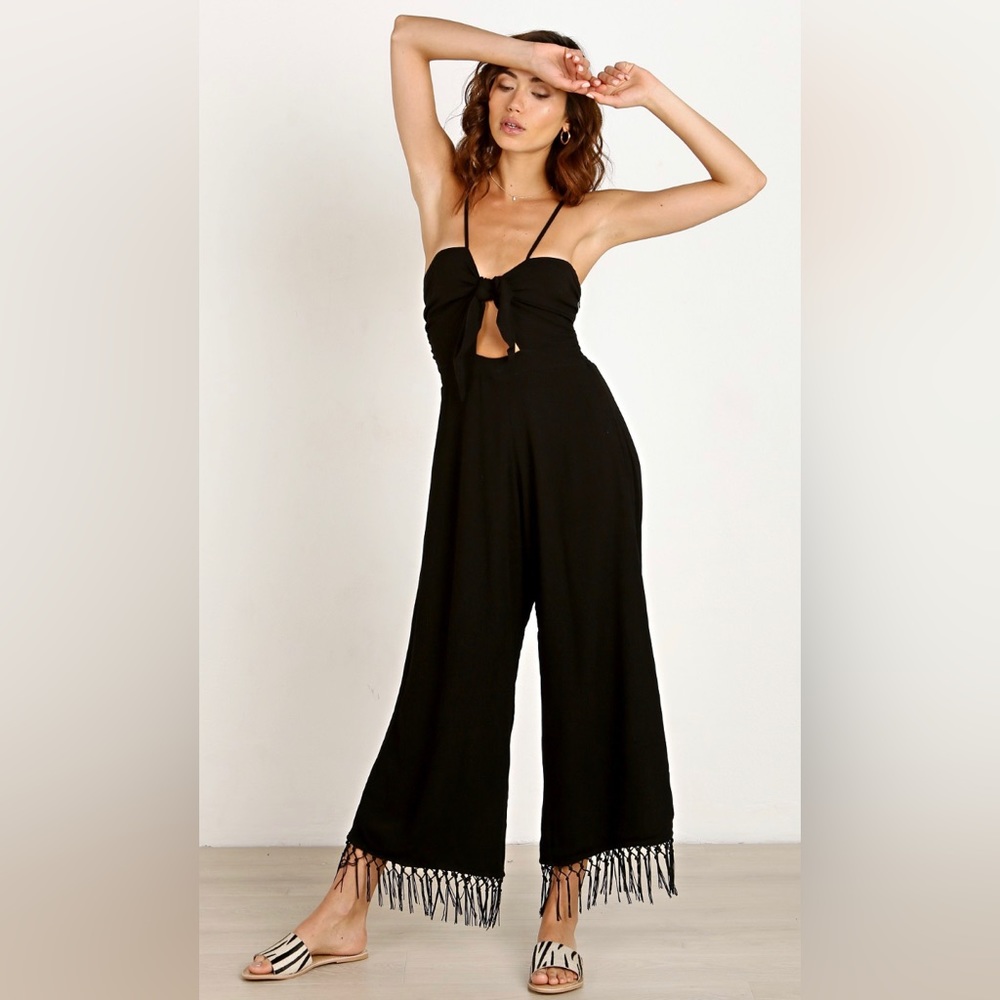 CLEOBELLA black Angelina front tie jumpsuit w/ fringe macrame tassels NWOT XS
